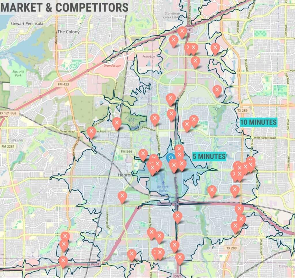 Market and competitor analysis map showing fitness center locations within 5 and 10-minute drive times from a potential site location.