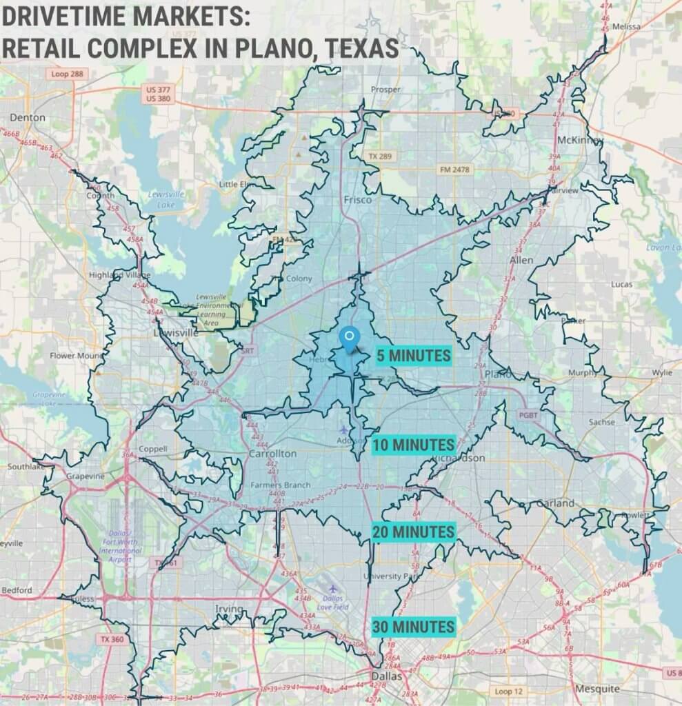 Drive time market analysis map for retail complex in Plano, Texas showing 5, 10, 20, and 30-minute market boundaries.