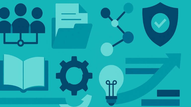 Abstract illustration of teamwork, document sharing, security, innovation, and analytics with icons of people, folder, shield, lightbulb, and upward arrow