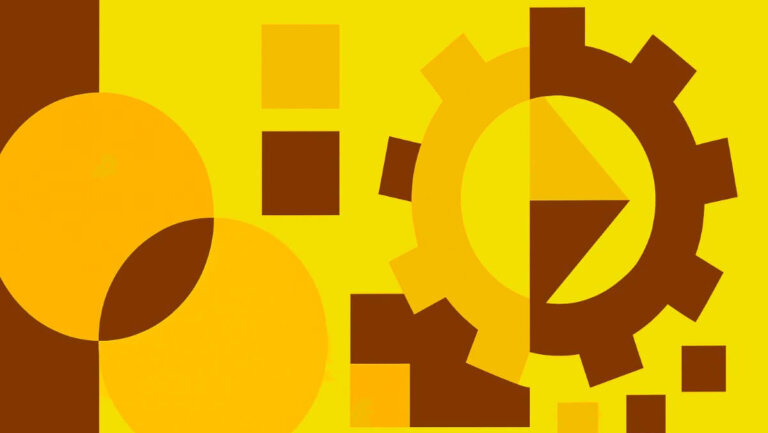 Abstract illustration of gears, circles, and squares representing composability and modularity in martech systems