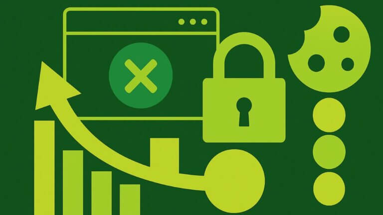 Abstract illustration of privacy and analytics concepts with a padlock, cookie, blocked browser window, and bar chart
