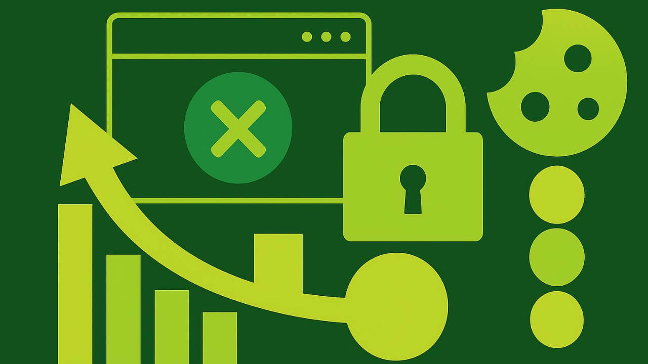 Abstract illustration of privacy and analytics concepts with a padlock, cookie, blocked browser window, and bar chart