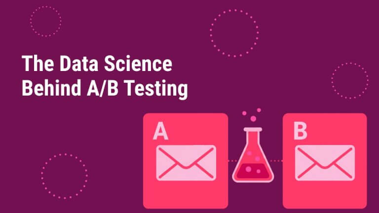 Illustration of email A/B testing with two email icons labeled A and B and a science beaker, representing the data science behind email testing