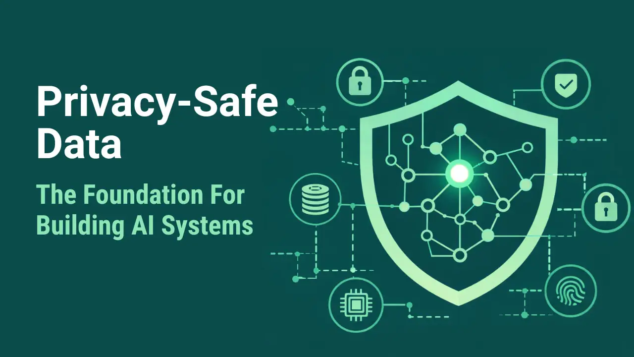 Infographic shield with lock icons, networks, and database symbols illustrating privacy-safe data as the secure foundation for building AI systems.