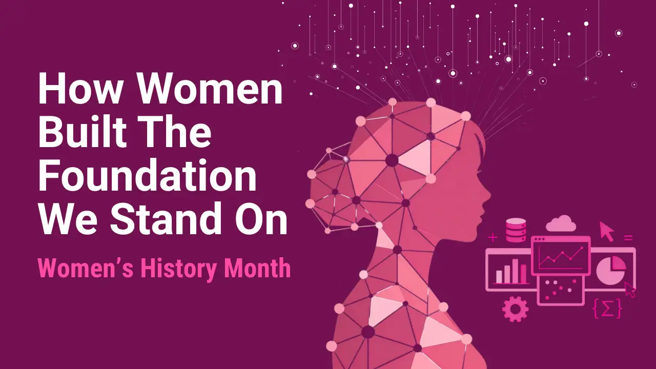 Illustration of a woman’s profile made of connected data points with analytics icons, representing how women built the foundation for data and analytics at Drumline.